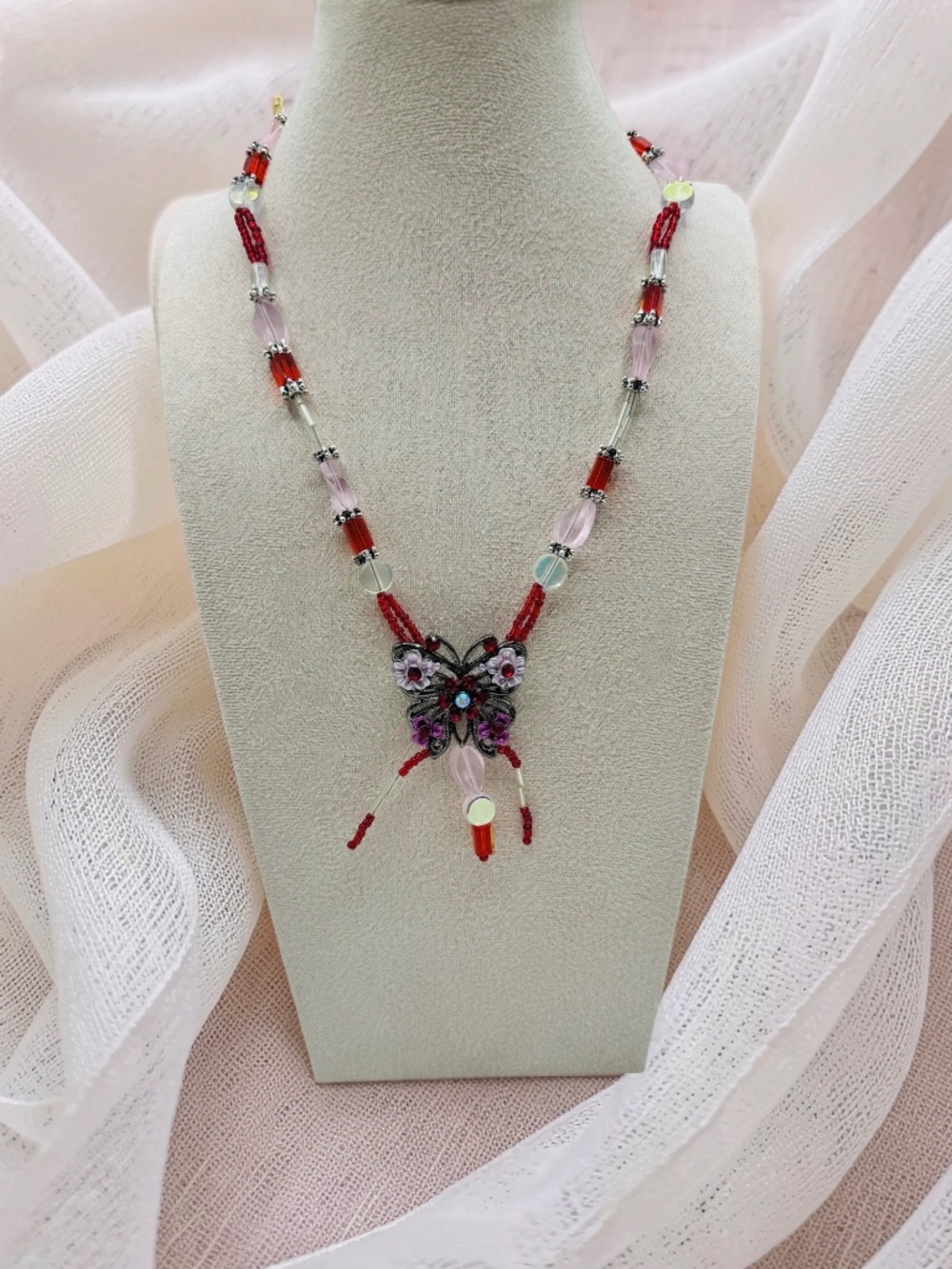 Butterfly Statement Beaded Necklace Red Pink Silver Tone 17”